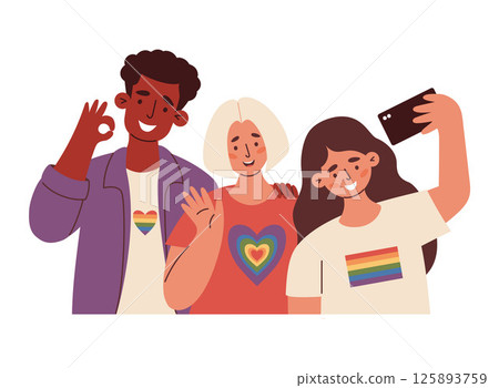 Diverse LGBT Friends with Rainbow Symbols together Taking Selfie. Joyful LGBTQ support, celebrating love, identity and equality. Flat Vector Illustration for Pride Month, unity and equal love Diverse LGBT Friends with Rainbow Symbols together Taking Selfie. Joyful LGBTQ support, celebrating love, identity and equality. Flat Vector Illustration for Pride Month, unity and equal love 125893759