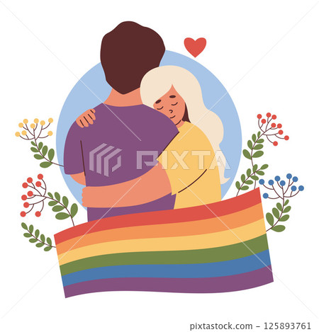 LGBTQ People enamored hugging. Pride Rainbow Flag. Supporting diversity and self-expression. LGBT community. Lesbian couple for Pride Month, unity and love. Flat Vector Illustration LGBTQ People enamored hugging. Pride Rainbow Flag. Supporting diversity and self-expression. LGBT community. Lesbian couple for Pride Month, unity and love. Flat Vector Illustration 125893761