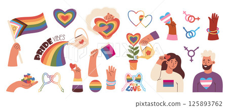 Pride Month set. Lesbian and Gay People, Hand gestures, Holding LGBTQ Progress Flag, Hearts and Rainbow symbols, signs LGBT community, flowerpot flower. Isolated holiday elements. Vector illustration 125893762