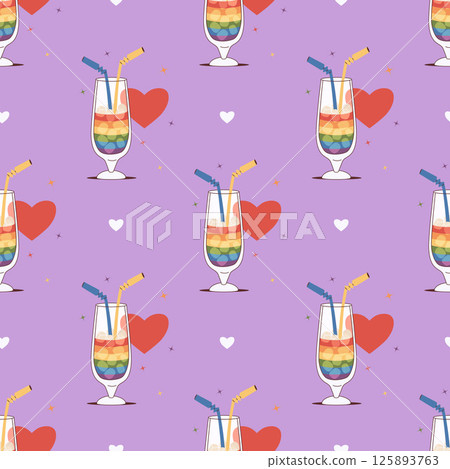 Pride Month. Seamless Pattern. Rainbow LGBT Cocktail with Straws and ice cubes on purple background with hearts. Colorful LGBTQ Celebration Drink. Trendy Holiday backdrop. Vector illustration Pride Month. Seamless Pattern. Rainbow LGBT Cocktail with Straws and ice cubes on purple background with hearts. Colorful LGBTQ Celebration Drink. Trendy Holiday backdrop. Vector illustration 125893763