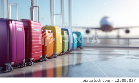 Airport terminal with colorful suitcases and airplanes Travel Travel 125893837