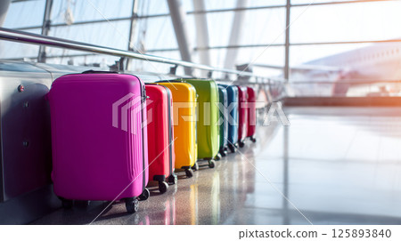 機場航站樓與彩色行李箱和飛機旅行旅行 機場航站樓與彩色行李箱和飛機旅行旅行 125893840