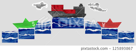 Cargo ship sails between dollar and yuan symbols across ocean, symbolizing Panama Canal bottleneck slowing global trade between China and USA. 125893867