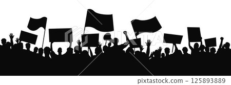 Protesters with banners and megaphones silhouettes, People holding fists up at a protest 125893889
