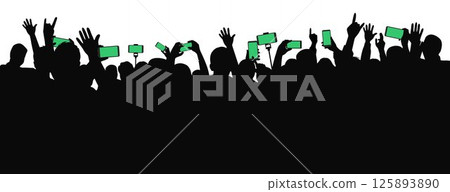 Concertgoers hold up their phones to film and take pictures, Applause crowd silhouette, cheering crowd at a concert 125893890