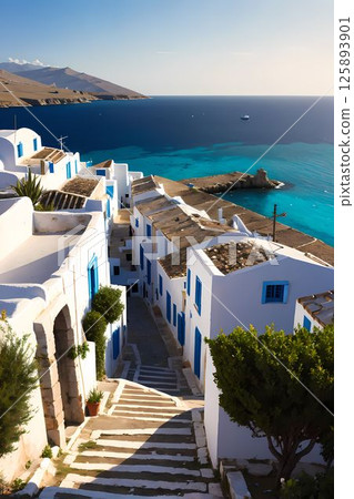 地中海風格的白牆建築和藍色的大海 125893901