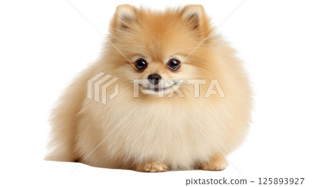 A fluffy Pomeranian with a round shape showcases its well-groomed fur while sitting calmly on a soft surface. Its bright eyes and cheerful expression add charm to the moment. 125893927