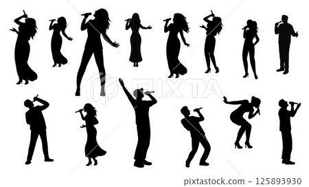 Singing Silhouette, Singer male and female silhouette, man and woman singing with a microphone in hands 125893930