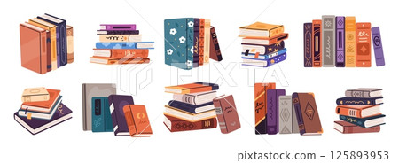 Book stacks. Textbooks and bestseller piles, literary publications, different covers, poetry, novels, detective stories. Fiction and science literature. Cartoon flat isolated garish vector set 125893953