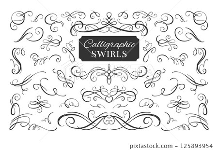 Calligraphy decorative swirls. Twisted elements, retro typography, strokes of pen, vintage ornaments, filigree elegant monograms, curve lines dividers, wedding card, tidy vector isolated set 125893954
