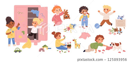 Children destroying room. Little kids play in active games, spoiling home, naughty boys and girls break toys and furniture, making mess, bad behavior, cartoon flat isolated garish vector set 125893956