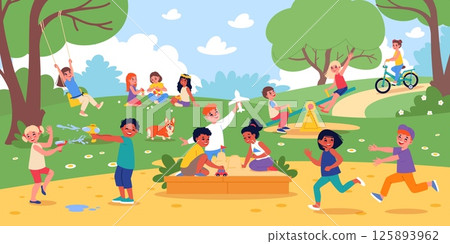 Happy children in summer park. Kids playground, different funny games, outdoor activities, friends in sandbox, swing, water guns, riding on bicycle, cartoon flat classy vector concept 125893962