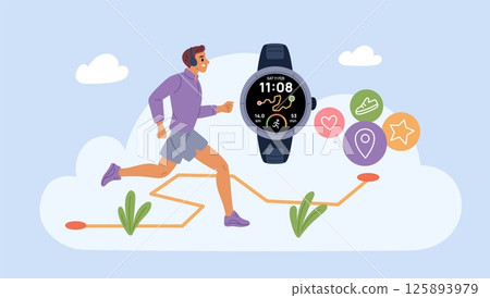 Smartwatch athlete does sport. Healthy lifestyle, marathon runner follows route and pulse, screen with app, tracker and jogging map, cartoon banner garish vector fitness gadget concept 125893979