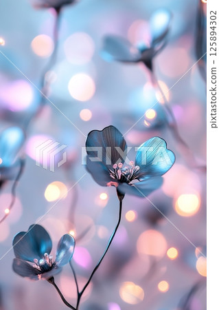 Experience an enchanting atmosphere with delicate black floral silhouettes floating amidst gentle holographic light refractions, creating a serene backdrop 125894302