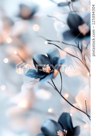 Experience an ethereal environment showcasing soft black florals surrounded by shimmering holographic light. This high-end botanical background offers ample space for text 125894304