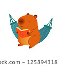 capybara relaxing in a hammock while reading a book. Perfect for designs about relaxation, summer, animals, slow living, or cozy lifestyle themes 125894318