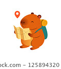 Cute cartoon capybara traveler with a backpack and map, exploring a new destination. Perfect for travel-themed designs, adventure illustrations, childrens books, and hiking graphics 125894320