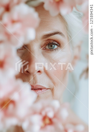 A close-up captures a radiant senior woman, softly illuminated, with her features gently reflected in a floral mirror. The surroundings possess pastel hues that enhance the serene atmosphere A close-up captures a radiant senior woman, softly illuminated, with her features gently reflected in a floral mirror. The surroundings possess pastel hues that enhance the serene atmosphere 125894341