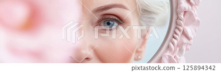 A radiant senior woman gazes gently into a soft-focus floral mirror, her luminous face radiating warmth and elegance. The ethereal pastel light creates a dreamlike atmosphere, emphasizing her beauty A radiant senior woman gazes gently into a soft-focus floral mirror, her luminous face radiating warmth and elegance. The ethereal pastel light creates a dreamlike atmosphere, emphasizing her beauty 125894342