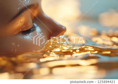 Soft-focus lighting highlights a woman's silhouette gracefully rising from a shimmering pool of liquid gold, creating an ethereal atmosphere perfect for Women's Day celebrations 125894421