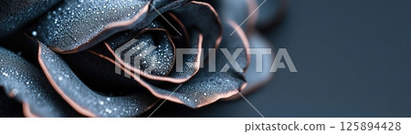 Delicate rose petals in rich velvet are highlighted against a black backdrop, exuding a mysterious elegance. The misty lighting adds depth and invites creativity for text placements 125894428