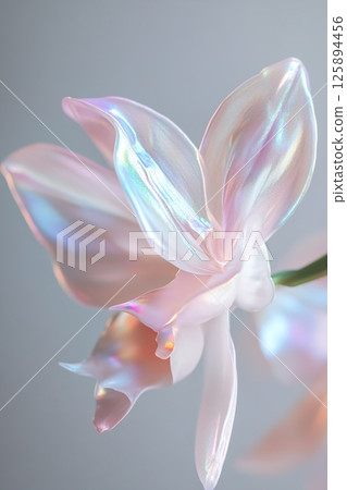 This exquisite orchid exhibits a delicate iridescence with soft pastel hues. It stands isolated against a white backdrop, embodying futuristic botanical elegance 125894456