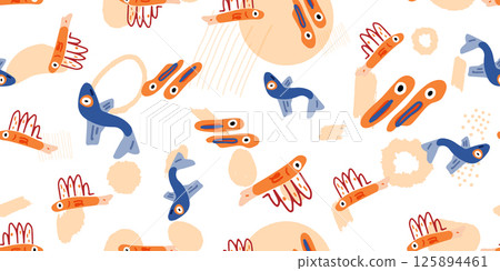 Seamless Abstract Doodle Fish Pattern 125894461