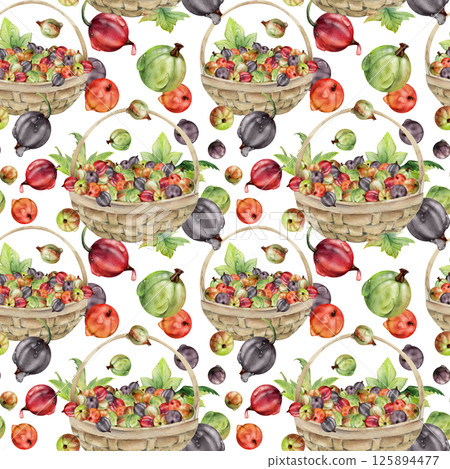 Currant gooseberry in clusters, leaves in weaved basket, ripe picked berry harvest, casseille jostaberry. Isolated seamless pattern, hand drawn in watercolor. Scrapbooking, washi tape, cover design Currant gooseberry in clusters, leaves in weaved basket, ripe picked berry harvest, casseille jostaberry. Isolated seamless pattern, hand drawn in watercolor. Scrapbooking, washi tape, cover design 125894477
