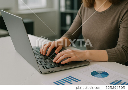 一位女士的手在辦公室裡根據文件在筆記型電腦上打字 125894505
