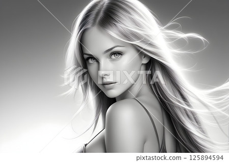 Black and white illustration of a woman with long hair 125894594