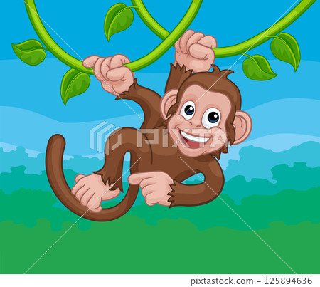 Monkey Singing On Jungle Vines Pointing Cartoon 125894636