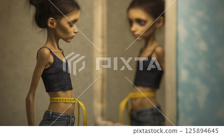 A very thin girl stands in front of a mirror, looking at her reflection while measuring her waist with a tape. The atmosphere is somber, highlighting her fragile figure and emaciated appearance. 125894645