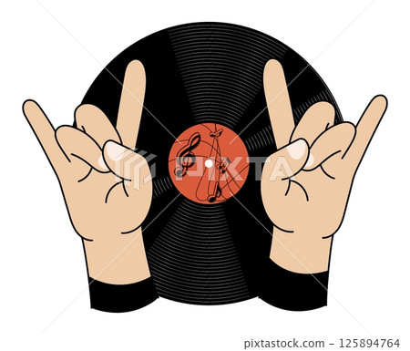 Rock music fan hands make rock n roll gesture. Punk rocker hands on vinyl record back. Vector isolated on white background 125894764
