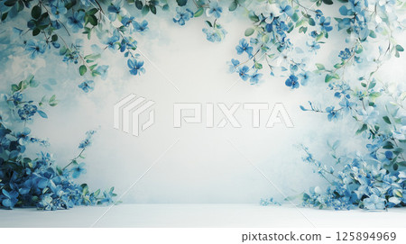 夢幻般的花框,透明的藍色花朵漂浮 夢幻般的花框,透明的藍色花朵漂浮 125894969