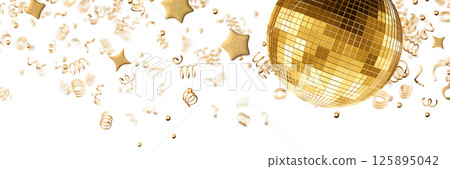 Stunning golden disco ball captures light while colorful confetti swirls around it, isolated on white background. This display evokes joy and excitement perfect for party settings. Header, top border. Stunning golden disco ball captures light while colorful confetti swirls around it, isolated on white background. This display evokes joy and excitement perfect for party settings. Header, top border. 125895042