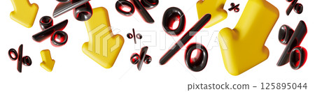 Bold discount signs and dynamic arrows create striking sale-themed header. This 3D render captures attention with vivid colors, perfect for promotional content. Top border, panoramic design element. Bold discount signs and dynamic arrows create striking sale-themed header. This 3D render captures attention with vivid colors, perfect for promotional content. Top border, panoramic design element. 125895044