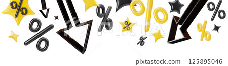 Bright and engaging 3D header designed for promotional purposes, showcasing discount signs and arrows to convey a sale theme, isolated on white background, perfect for attracting attention. Bright and engaging 3D header designed for promotional purposes, showcasing discount signs and arrows to convey a sale theme, isolated on white background, perfect for attracting attention. 125895046