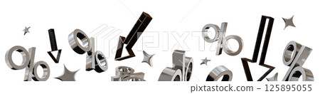 A 3D rendered footer features multiple discount signs and arrows in a dynamic arrangement, emphasizing a sale theme, isolated on white background. This design captures attention effectively. A 3D rendered footer features multiple discount signs and arrows in a dynamic arrangement, emphasizing a sale theme, isolated on white background. This design captures attention effectively. 125895055
