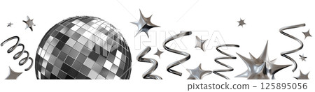 Stunning chrome disco ball surrounded by shiny stars and chrome ribbons, isolated on white background, creating vibrant and energetic vibe suitable for celebrations and events. Footer, bottom border. Stunning chrome disco ball surrounded by shiny stars and chrome ribbons, isolated on white background, creating vibrant and energetic vibe suitable for celebrations and events. Footer, bottom border. 125895056