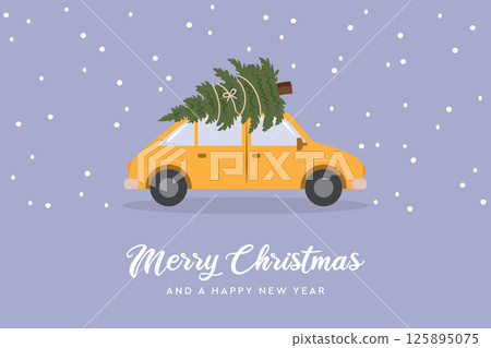 christmas greeting card with car and christmas tree vector illustration 125895075