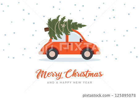 christmas greeting card with car and christmas tree vector illustration christmas greeting card with car and christmas tree vector illustration 125895078