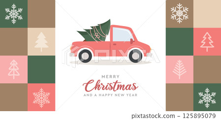 christmas greeting card with car and christmas tree vector illustration christmas greeting card with car and christmas tree vector illustration 125895079