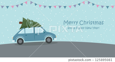 christmas greeting card with car and christmas tree on snowy landscape vector illustration christmas greeting card with car and christmas tree on snowy landscape vector illustration 125895081