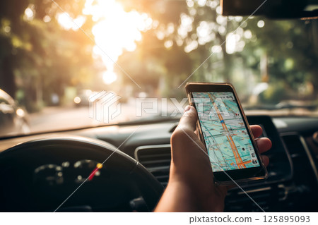 Person using GPS navigation on smartphone while driving 125895093