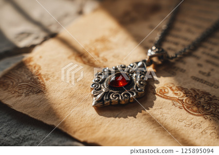 Magical amulet with red stone on ancient parchment background 125895094