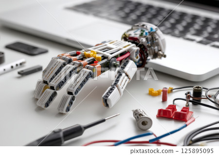 Educational robot hand model in classroom or tech lab setup 125895095