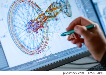 Hand drawing 3D engineering model on digital screen. CAD technology 125895096
