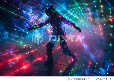 Person wearing futuristic VR headset dancing in neon lights suit 125895103
