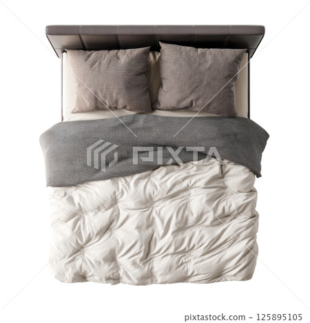 Double bed with plaid blanket and pillows, top view Double bed with plaid blanket and pillows, top view 125895105