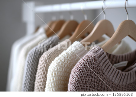 Wool knitwear hanging in row on clothing rack 125895108